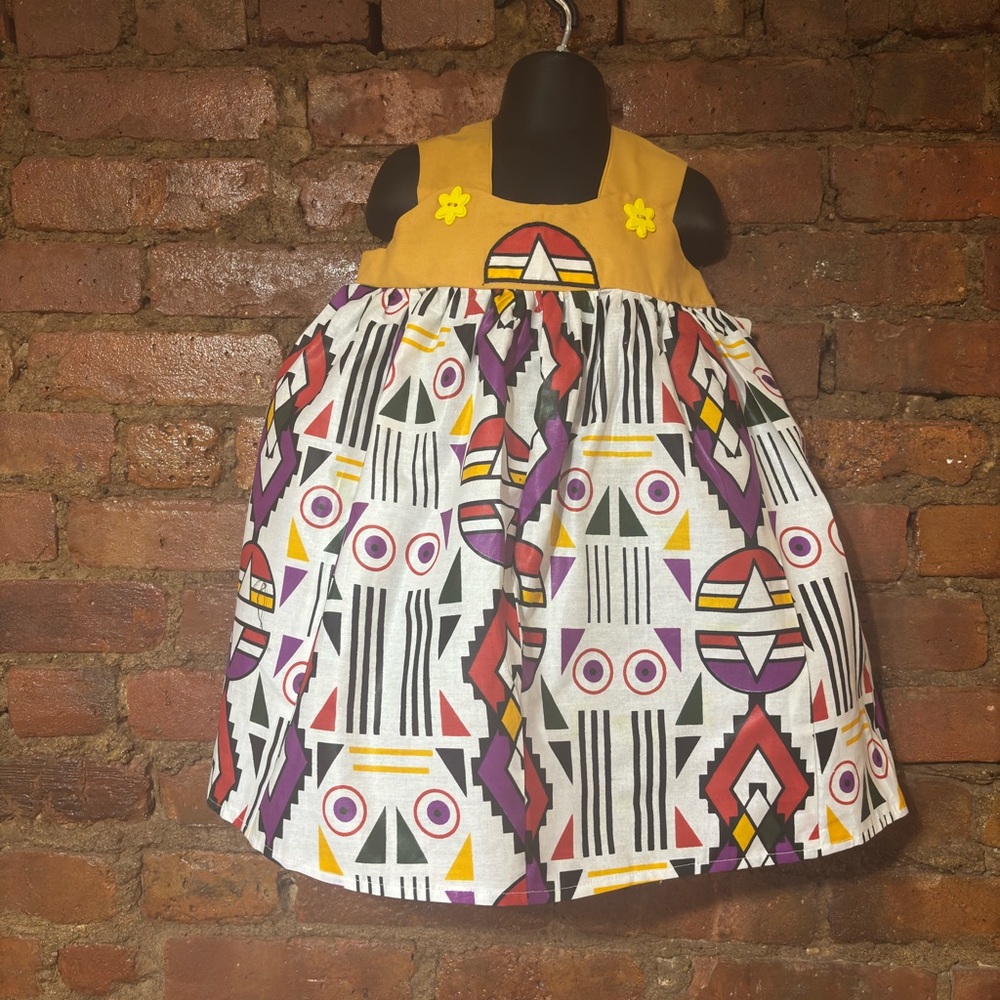 Mustard & Multicolor Geometric Toddler Dress